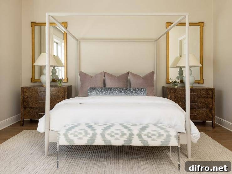 Bedroom features a white canopy bed with light gray headboard and accent pillows.