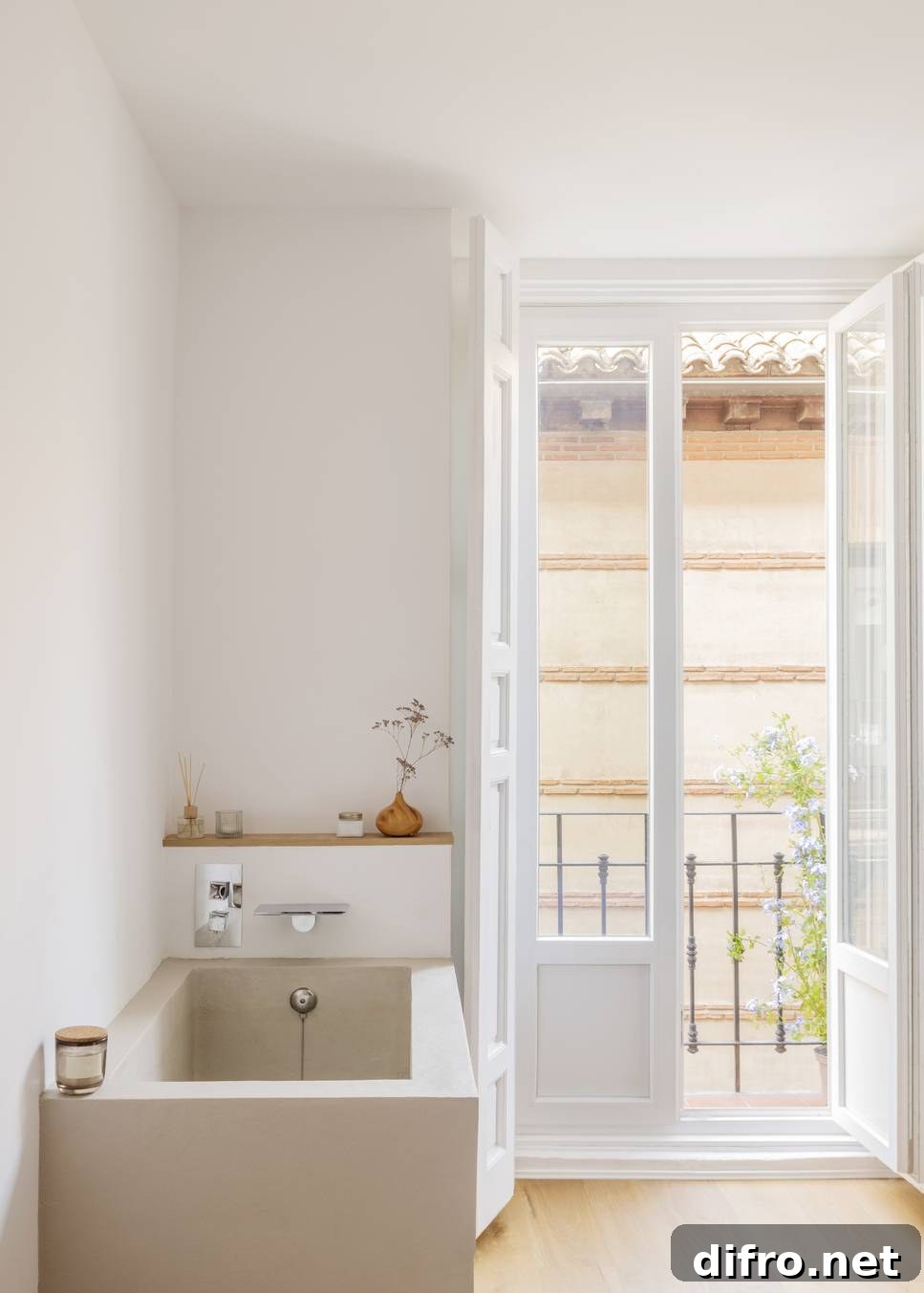 white bedroom with open balcony doors and japanese stone bathtub