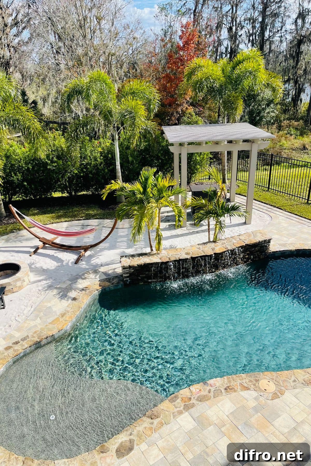 Pool with natural rock waterfall and lush landscaping