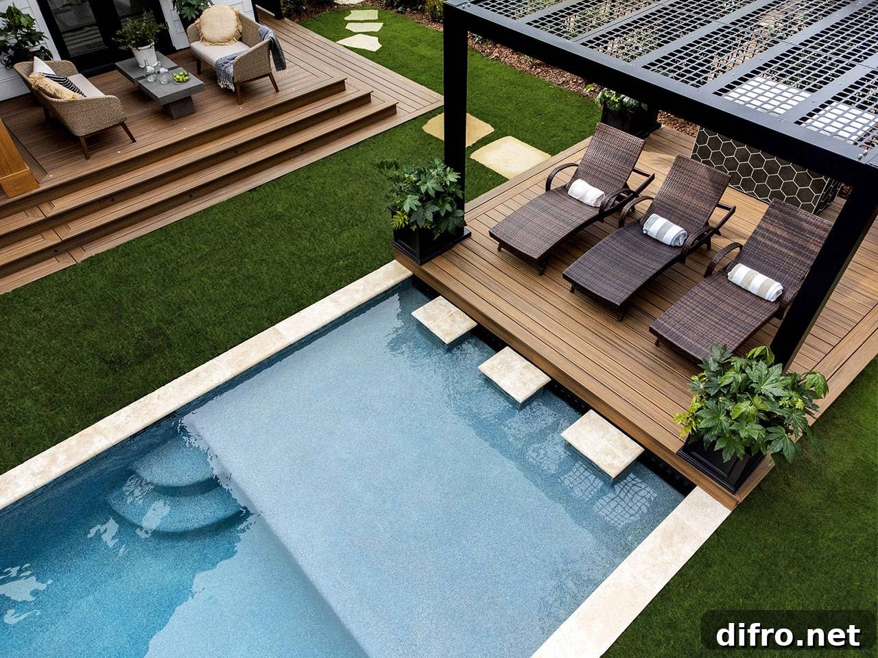 Contemporary pool with pergola and saltwater system appeal