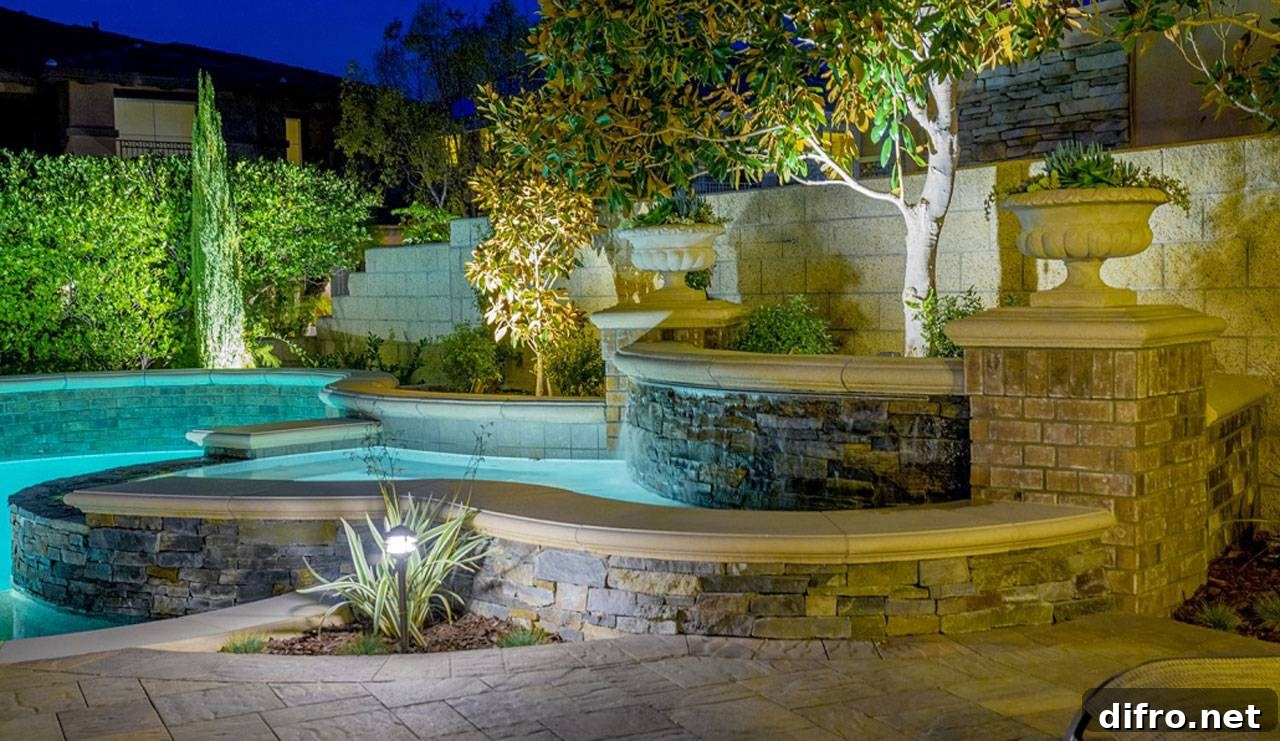 Evening pool scene illuminated by layered lighting