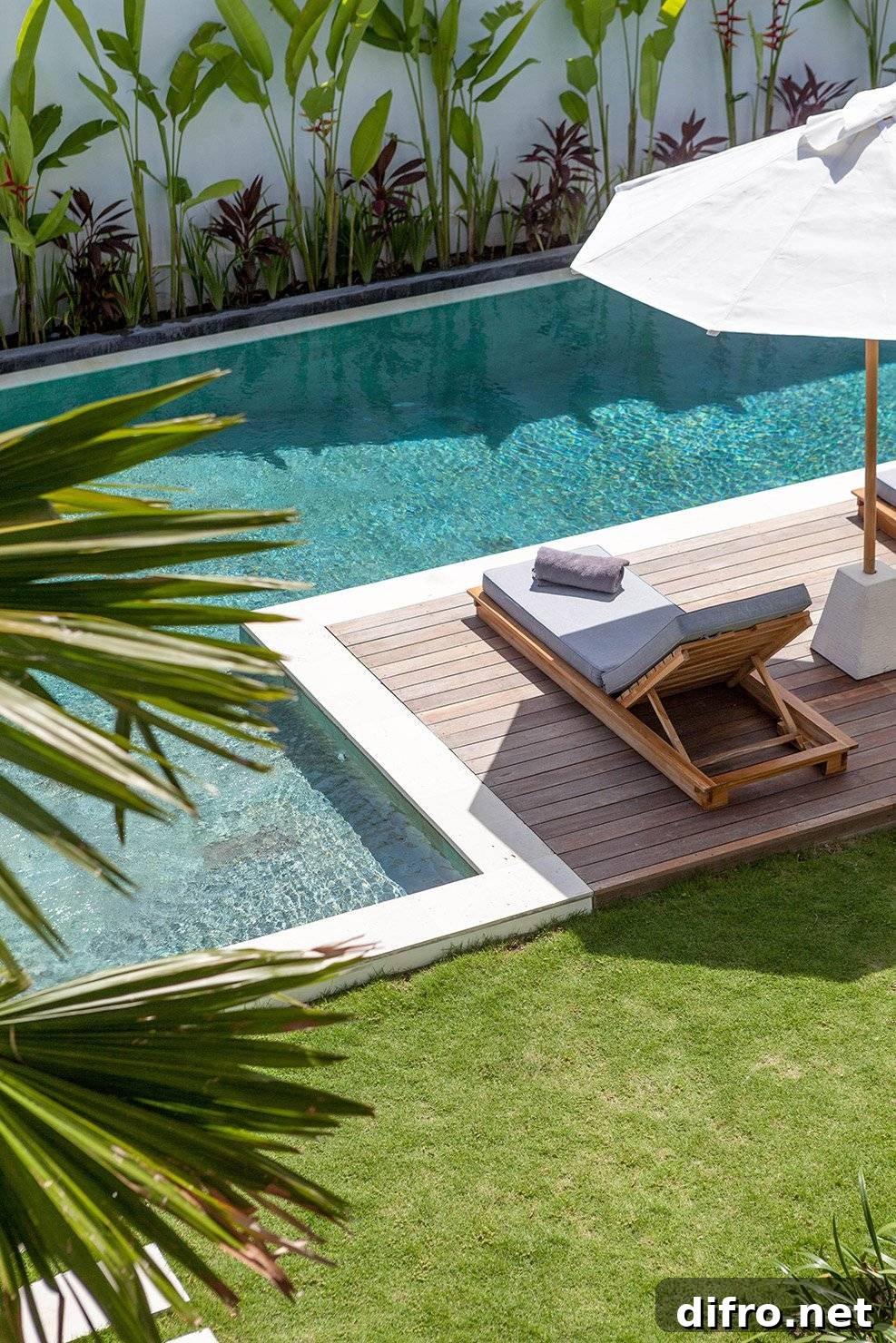 Pool area inspired by Bali-style interiors and landscaping