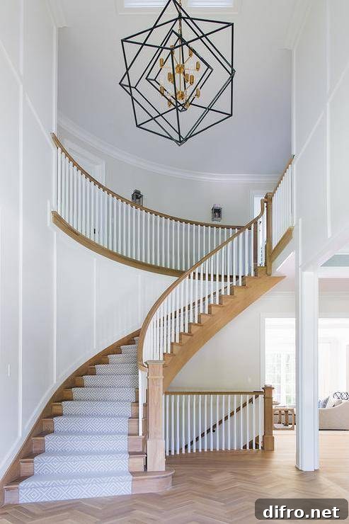Winding wood staircase accented with patterned runner and light-stained railing.