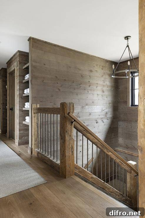 Country staircase featuring rustic wooden posts and gold railing.