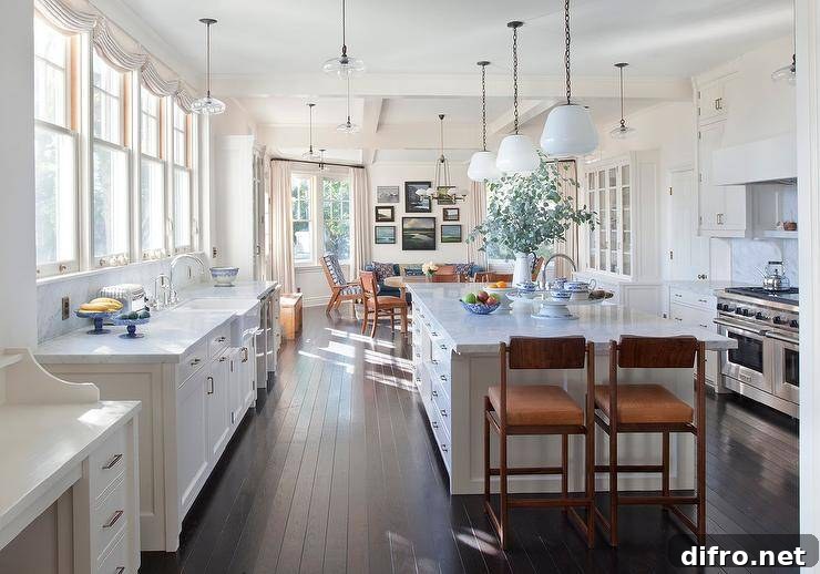 Milk glass lanterns light a marble top island finished with a sink and paired with brown wood and leather chairs placed on a dark oak thin plank floor. A row of windows is located over an apron sink with a chrome deck mount faucet fixed to a marble countertop over white cabinets.
