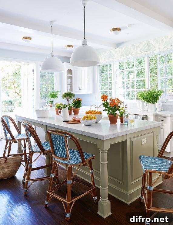 Two white industrial pendants hang over a marble countertop finished with a prep sink and accenting a light taupe island. Blue French bistro stools sit on a wooden floor at the end facing a row of windows.