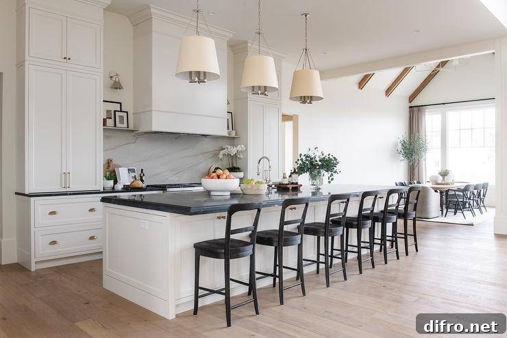 Dalston Hanging Shades hang over a long white kitchen island contrasted with a honed black marble countertop finished with a sink and complemented with black vintage style stools.