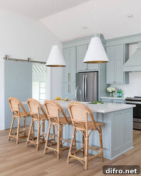 Serena and Lily Sunwashed Riviera Counter Stools sit at a gray blue kitchen island illuminated by Goodman Hanging Lamps hung on either side of an island sink. A stainless steel refrigerator is recessed under gray blue cabinets.