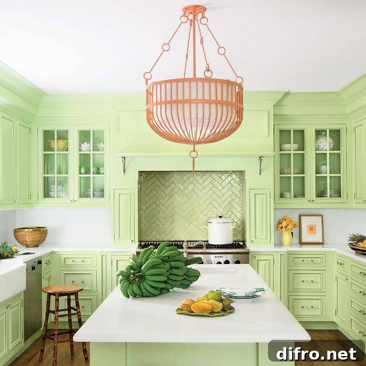 A coral pink chandelier hangs over a light green island topped with white Corian countertops fitted with a sink and a polished nickel hook and spout faucet. Behind the island a conceal light green hood is fixed above green metallic herringbone cooktop tiles accenting a stainless steel oven range. The hood is flanked by glass front upper cabinets mounted above light green lower cabinets lined with a white corian backsplash and finished with a stainless steel dishwasher and a farmhouse sink.
