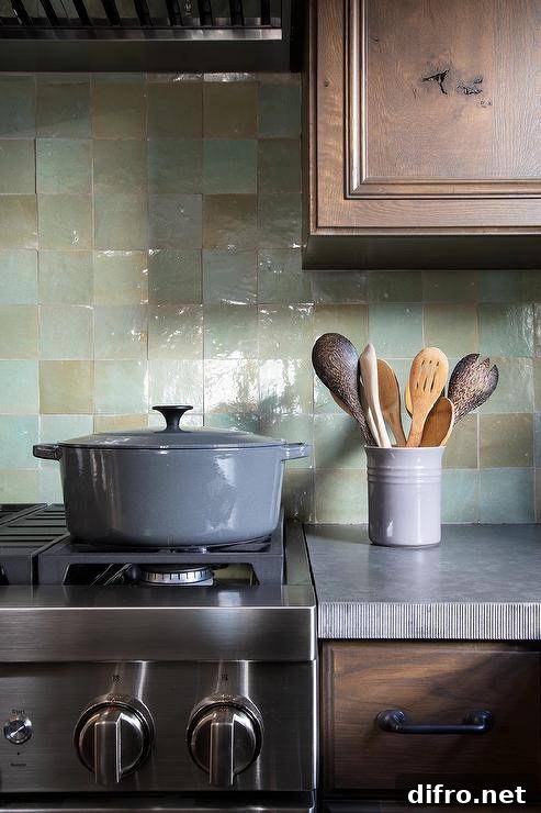 Kitchen features brown cabinets with concrete countertops and green glazed backsplash tiles.