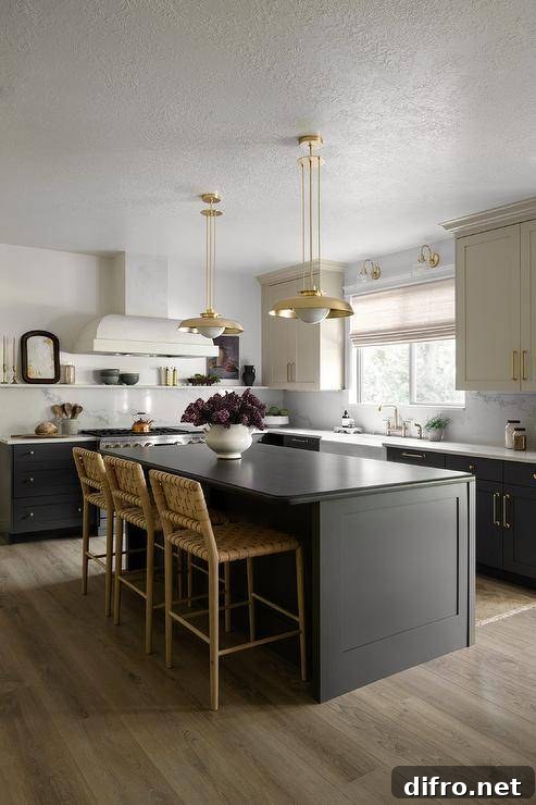 A black kitchen island complemented with beige basketweave stools