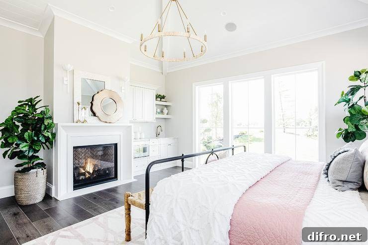 Master bedroom features a cream capiz mirror over a white beveled fireplace mantel, black bed with pink and white bedding, dark wooden floors, lit by a chandelier.
