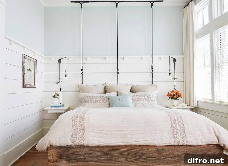 Romantic cottage bedroom features a hanging queen sized bed dressed in elegant cream colored bedding accented with matching shams and a blue pillow.
