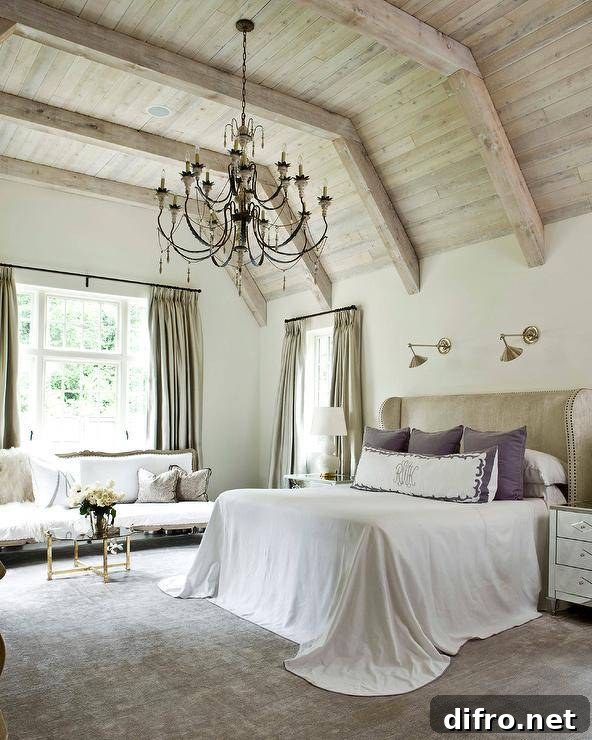 Plank vaulted ceiling accented with rustic wood beams and a French candle chandelier above a taupe leather wingback headboard with brass sconces.