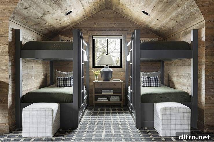 Attic bunk bedroom with charcoal gray bunk beds, an oak plank ceiling, and a shared wooden nightstand.