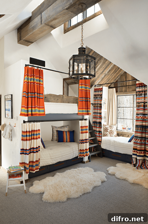 Cabin bunk room with built-in rustic bunk beds, striped curtains, and sheepskin rugs.