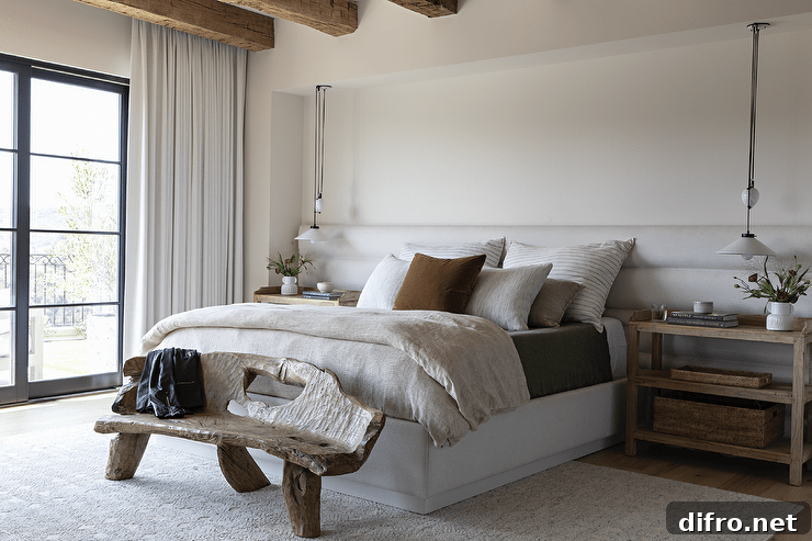 Staggered pendant lights over wooden bedside tables and a bed dressed in green and beige bedding with a live edge bench.