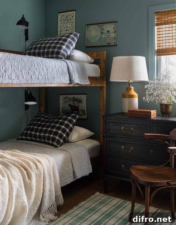 Shared boys' bedroom with rustic bunk bed, black and white bedding, swing-arm sconces, and blue walls.