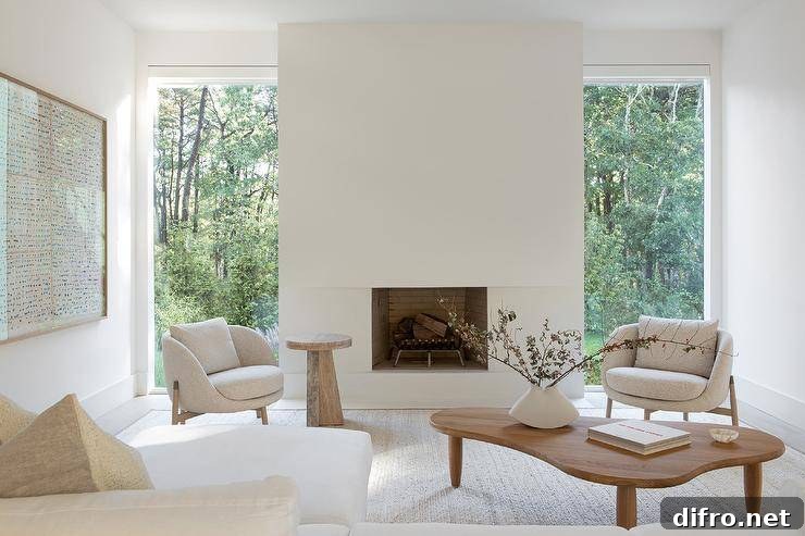 Modern living room features light gray boucle chairs with a vintage coffee table and modern fireplace.