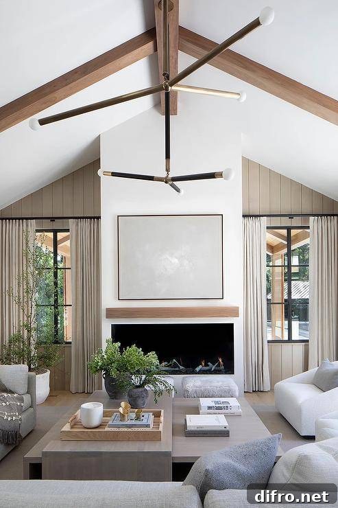 A light gray abstract art piece hangs over a modern fireplace fitted with a wood floating mantel and flanked by windows framed by taupe plank trim and covered in beige curtains.