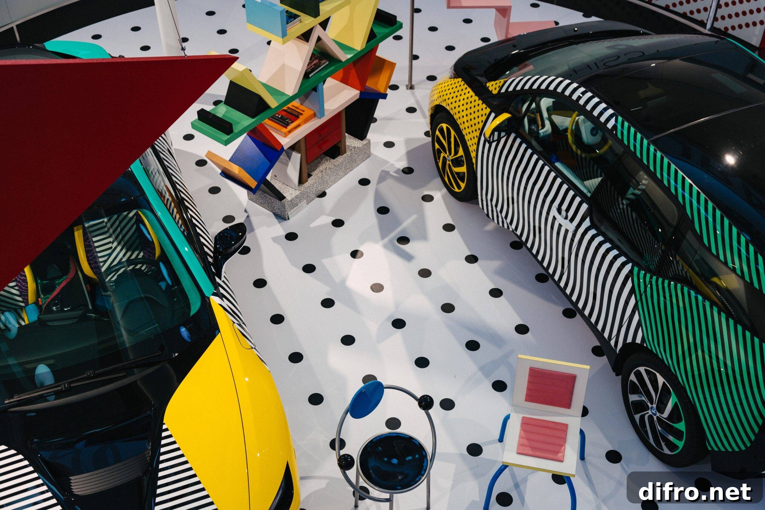 colorful geometric display of cars at BMW museum