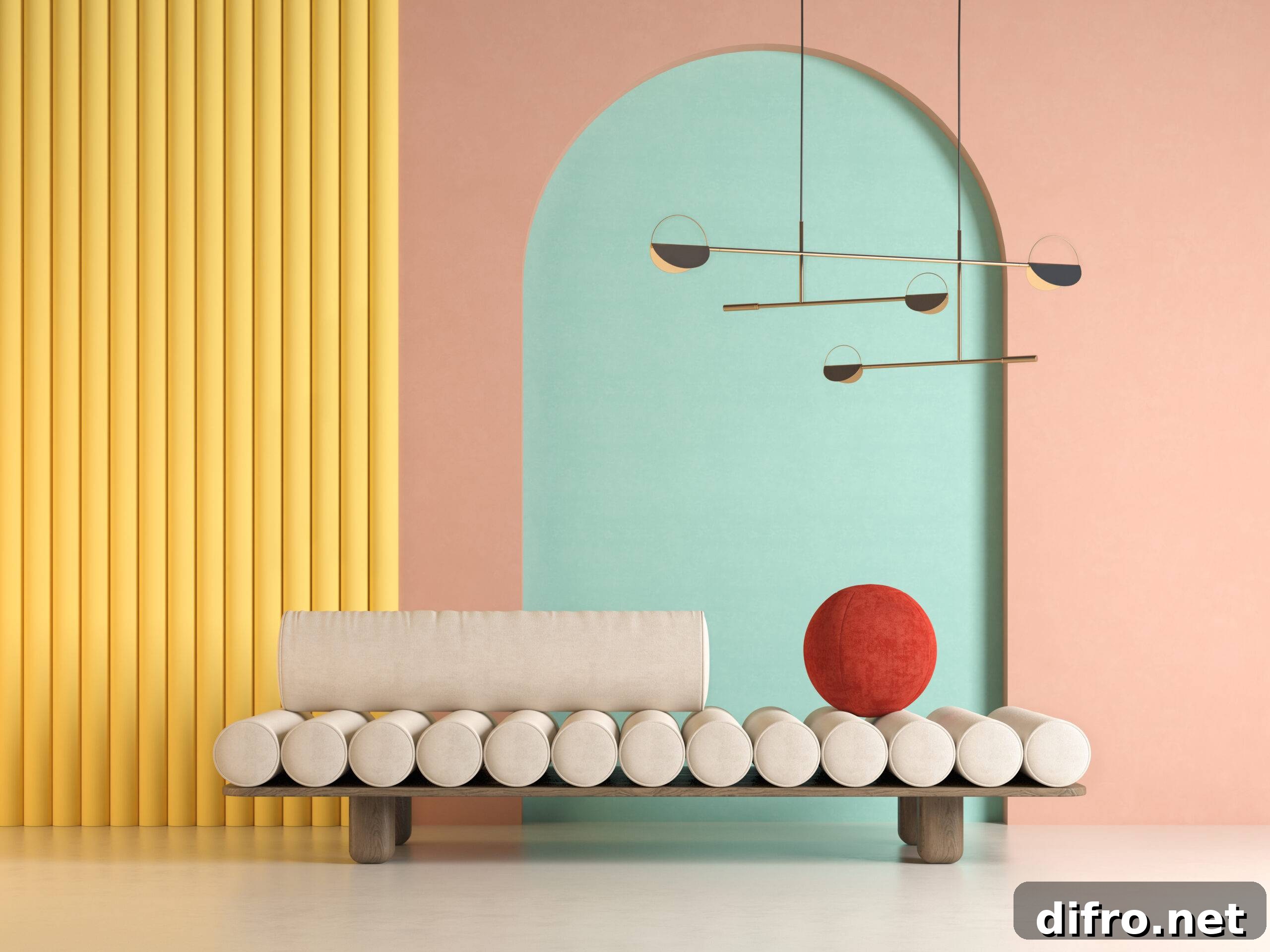 pink green and yellow memphis style rendering of living space