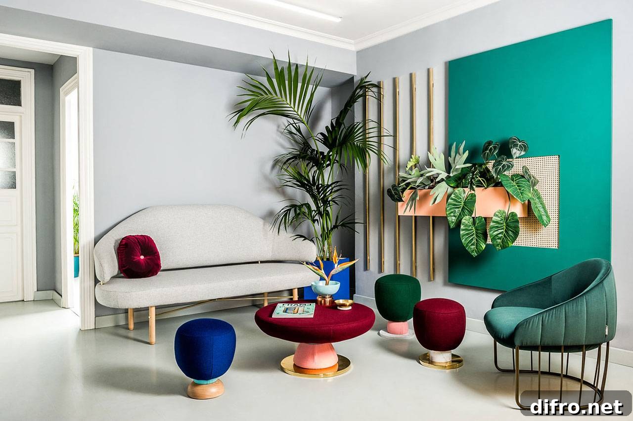 living room with colorful geometric seats, turquoise colorblock wall and large foliage