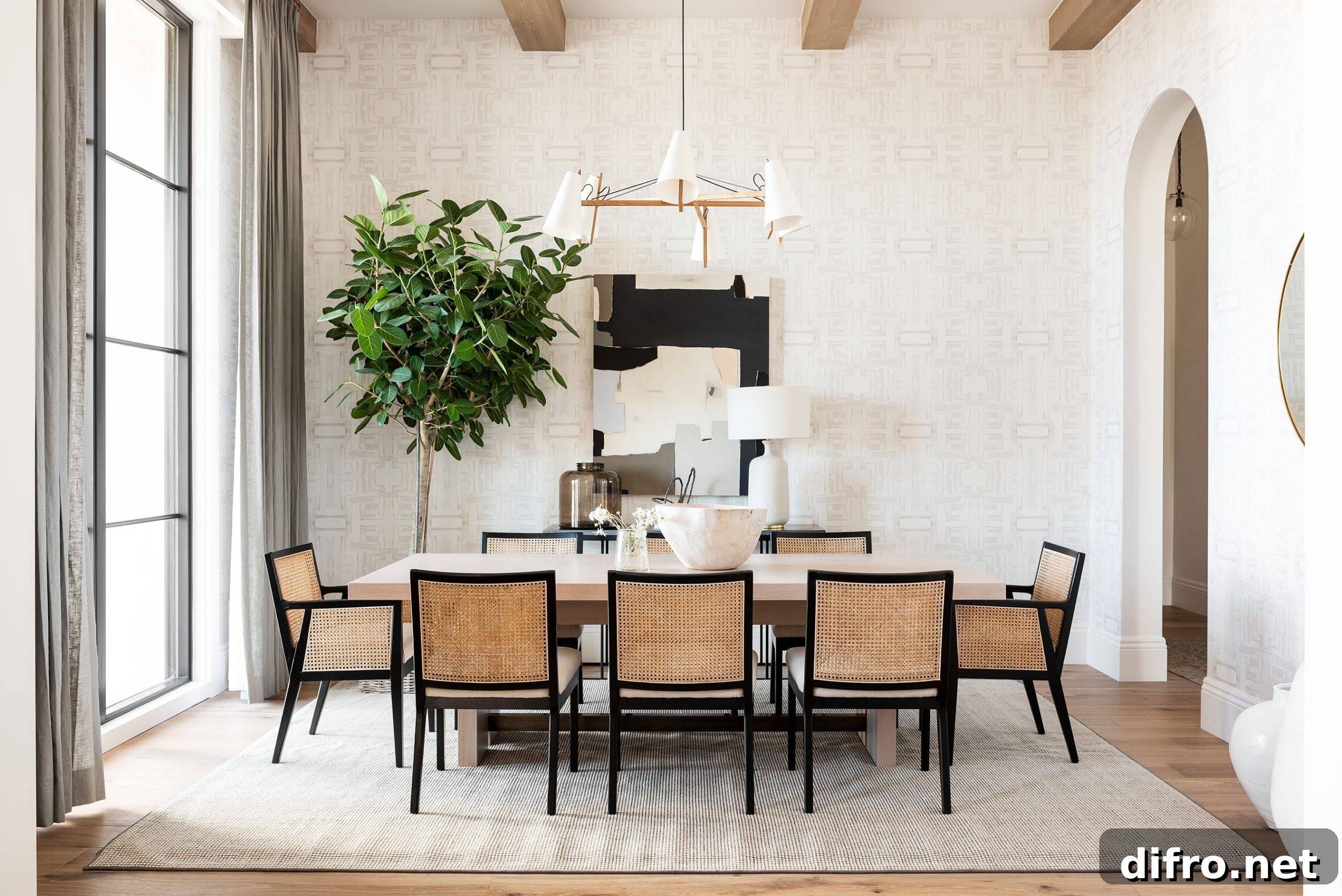 Dining room with oversized geometric artwork