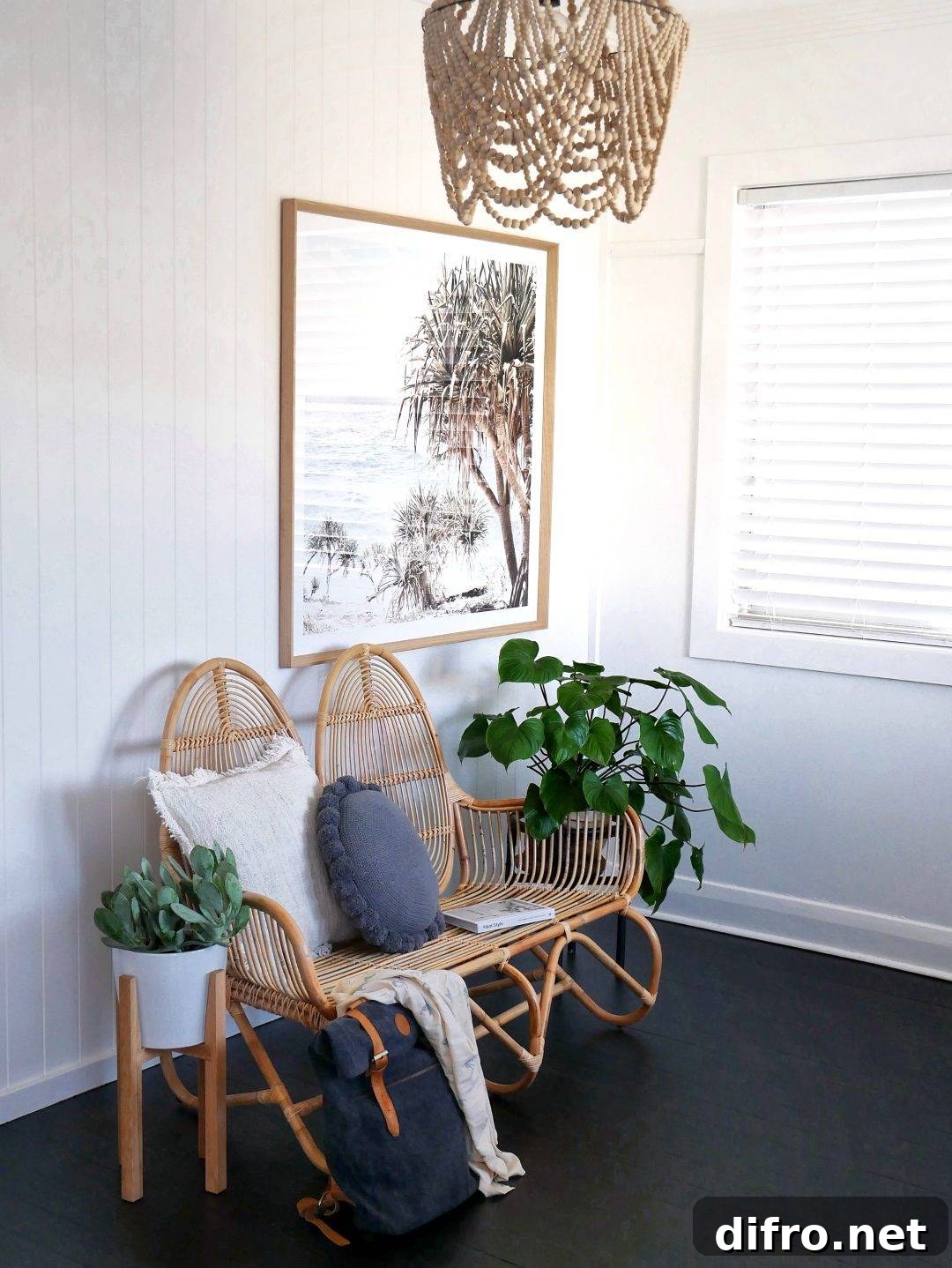 Coastal seating area showcasing balanced styling