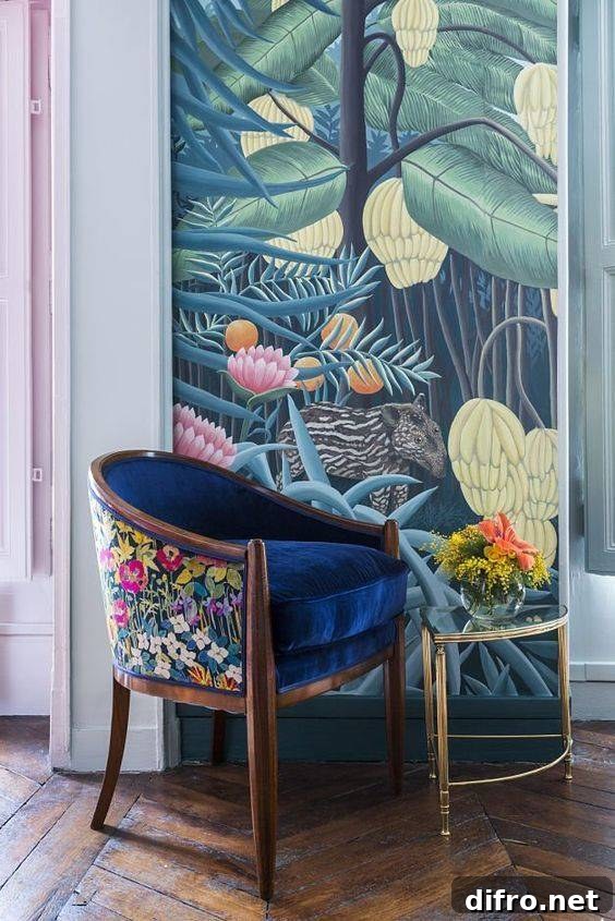 Floral chair paired with complementary wallpaper