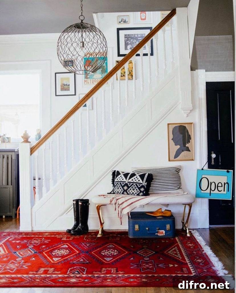 Entryway with Moroccan rug and neutral stairs