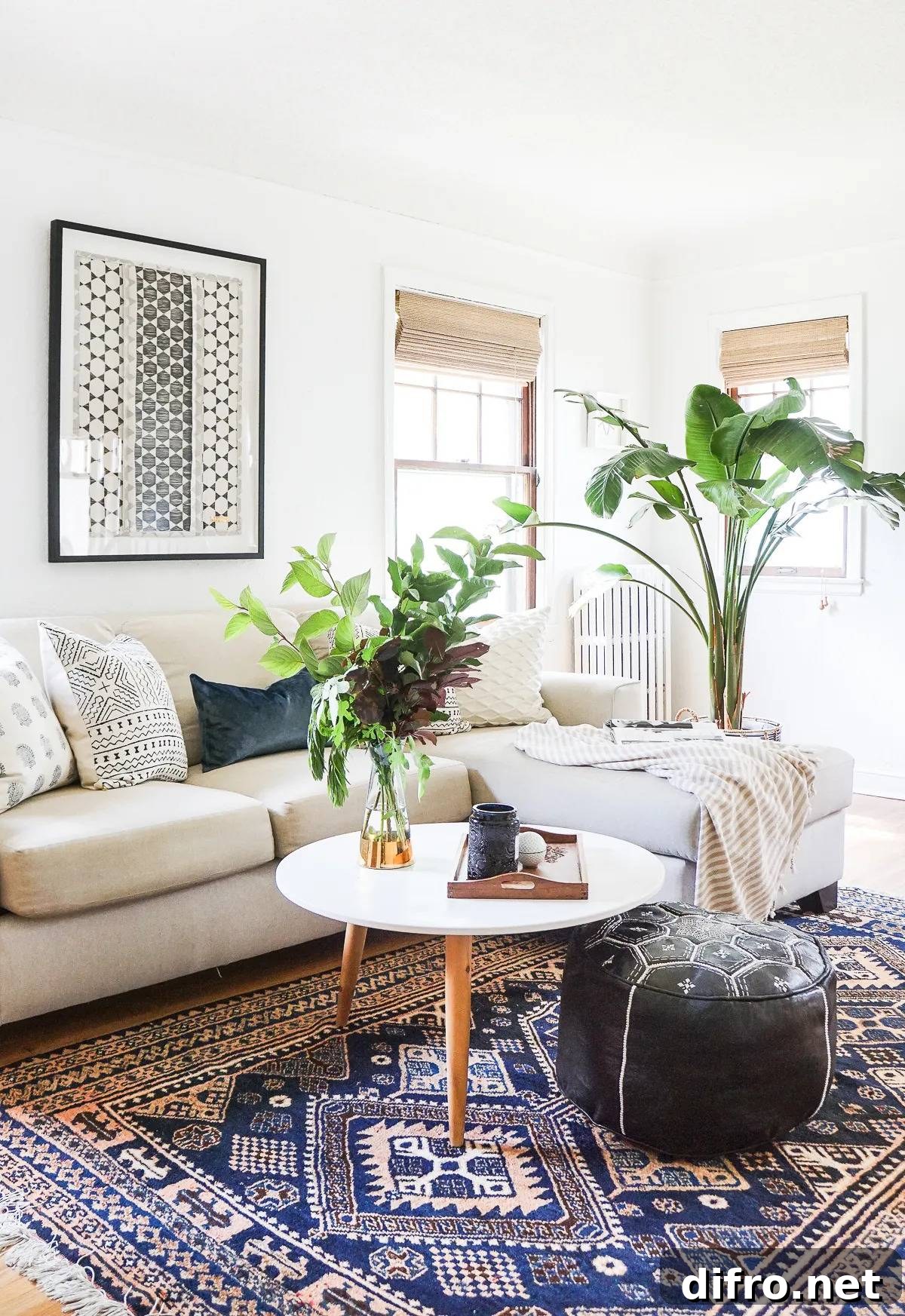 Living room with white walls and neutral sofa as base for layered patterns