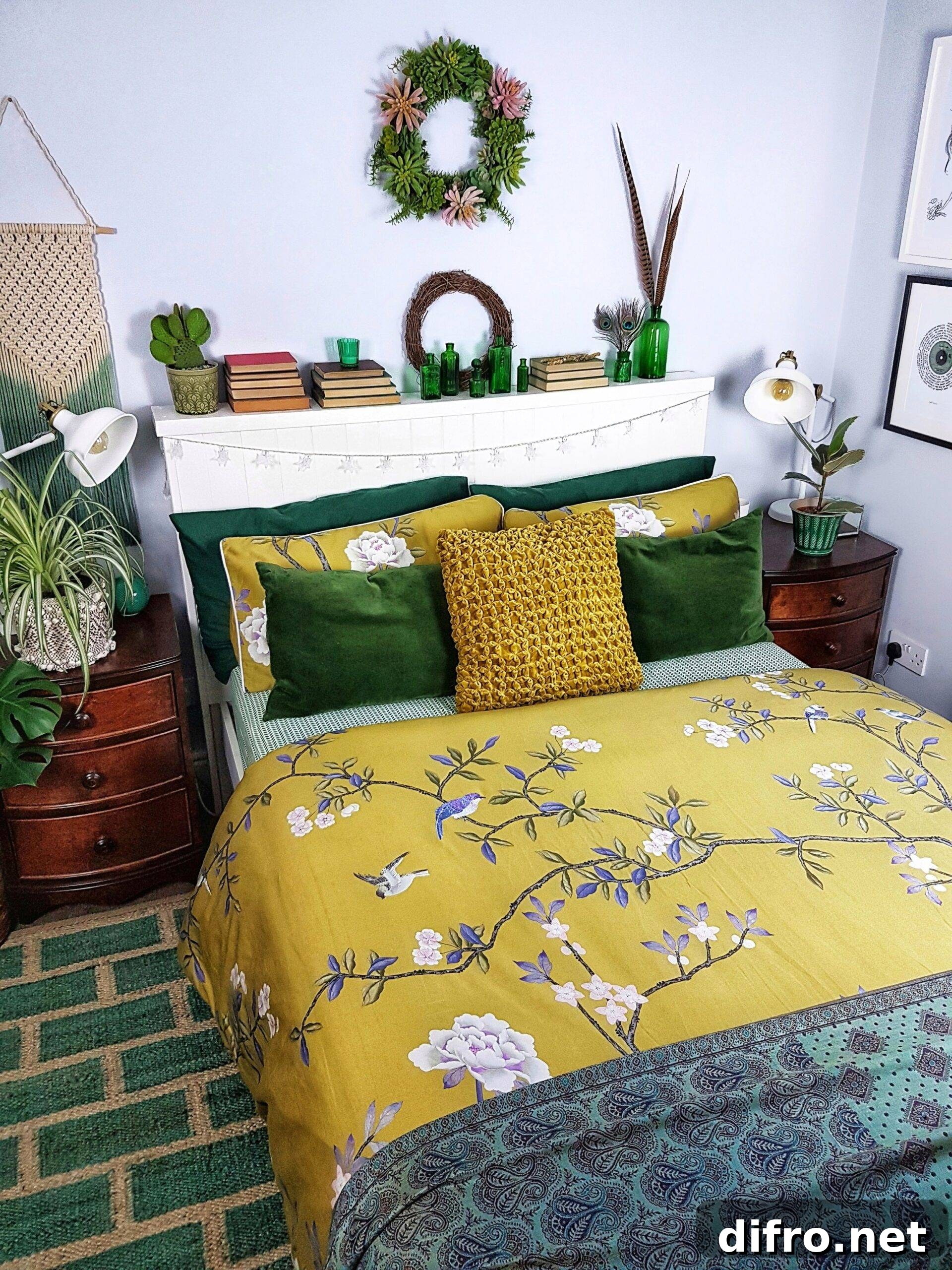 Bedroom with botanical bedding paired with a simple patterned rug