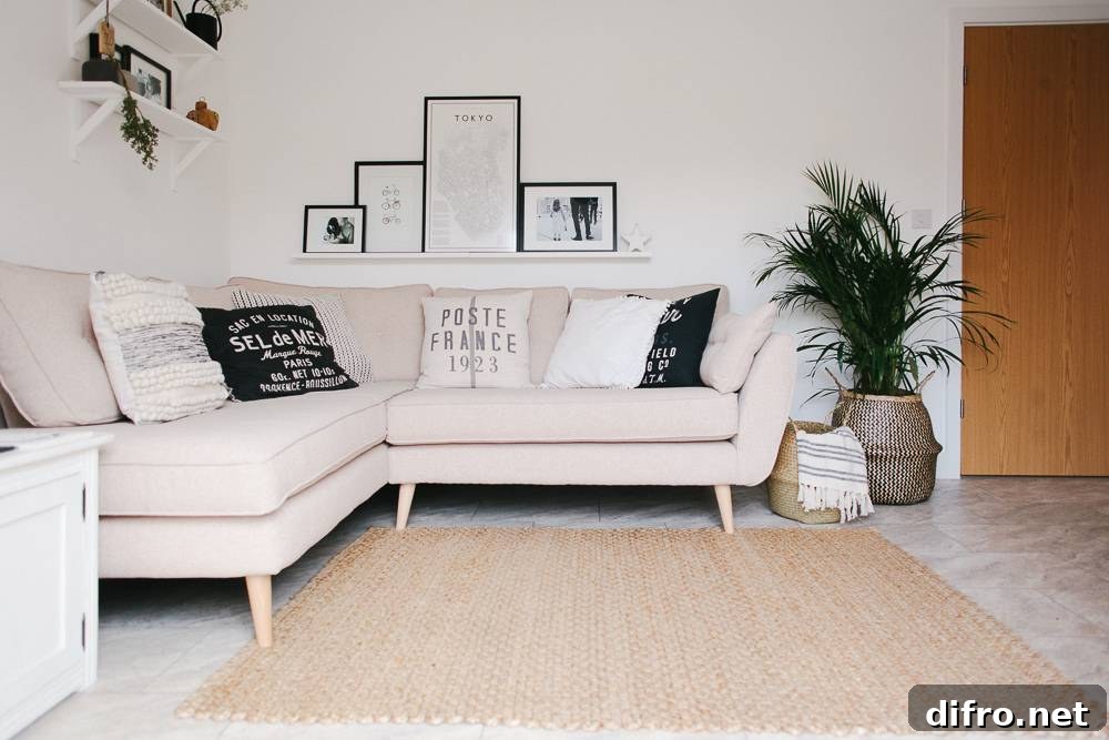 Eclectic living space using pattern scale and solids to balance the room
