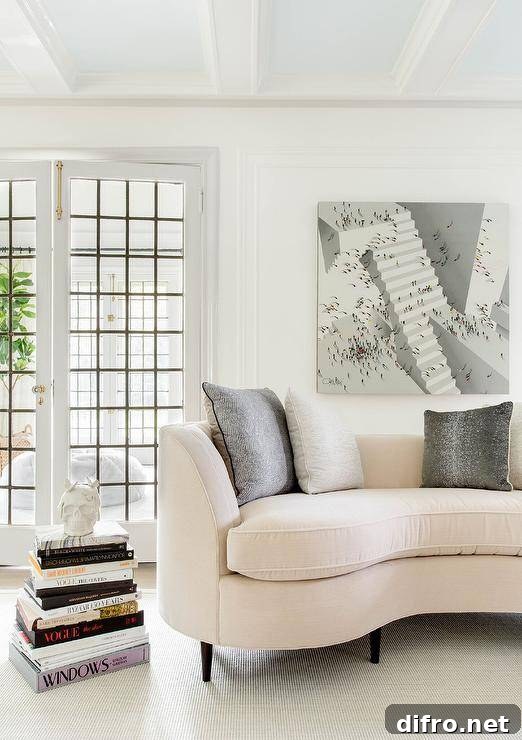Art hangs over a cream velvet curved sofa topped with gray pillows and placed beside stacked coffee table books on a gray rug.
