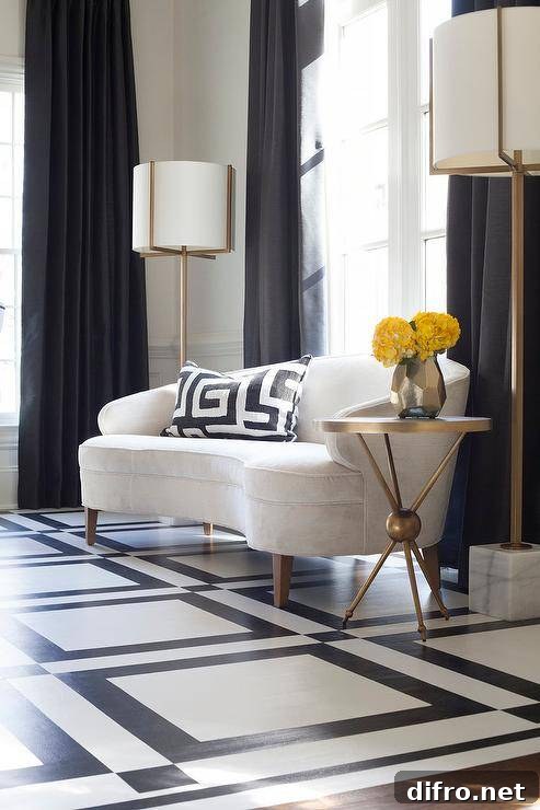 Clad in black and white geometric floor tiles, this dining room features a Mitchell Gold + Bob Williams Vera sofa beside a marble and brass accent table.