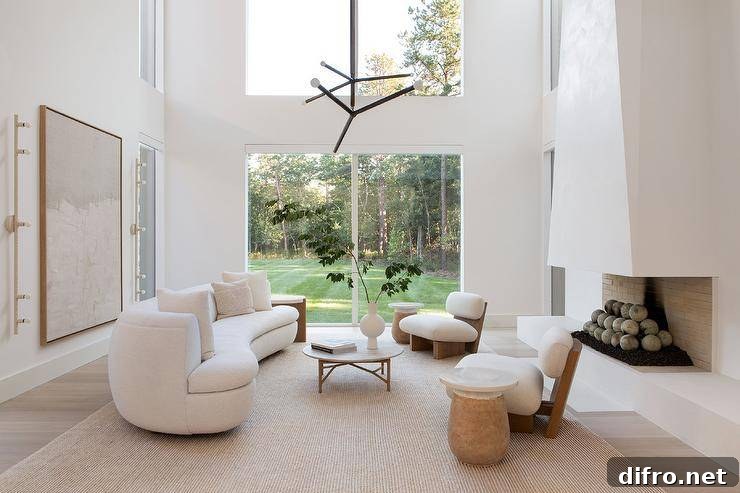 Modern living room features a white boucle curved sofa with round marble top coffee table and a modern fireplace design.