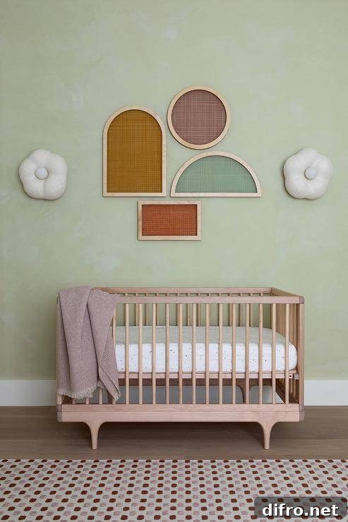 Light wooden crib against a light green wall with a dotted rug.