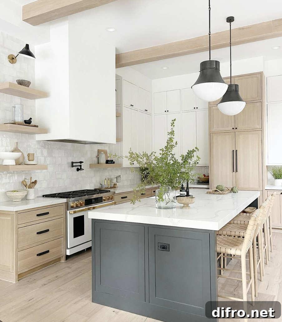 Two-tone kitchen with a large range and island