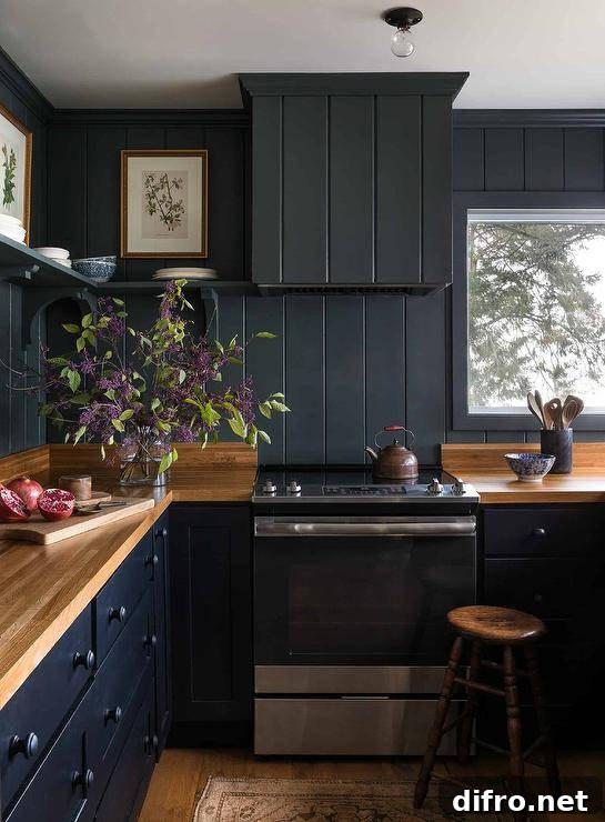 Black kitchen cabinets with a stainless steel oven range