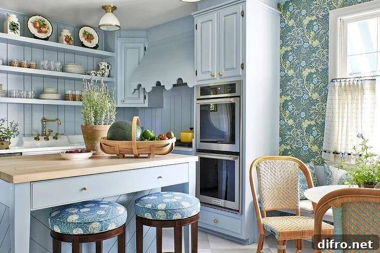 Blue cottage kitchen with double oven