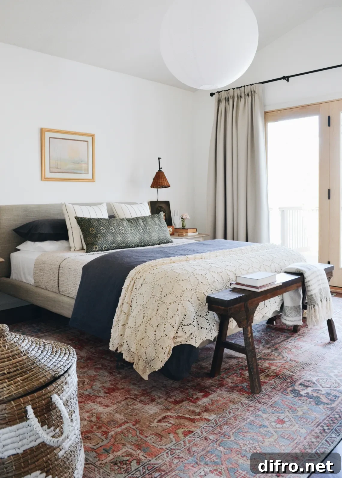 Crisp bed linens and layered bedding