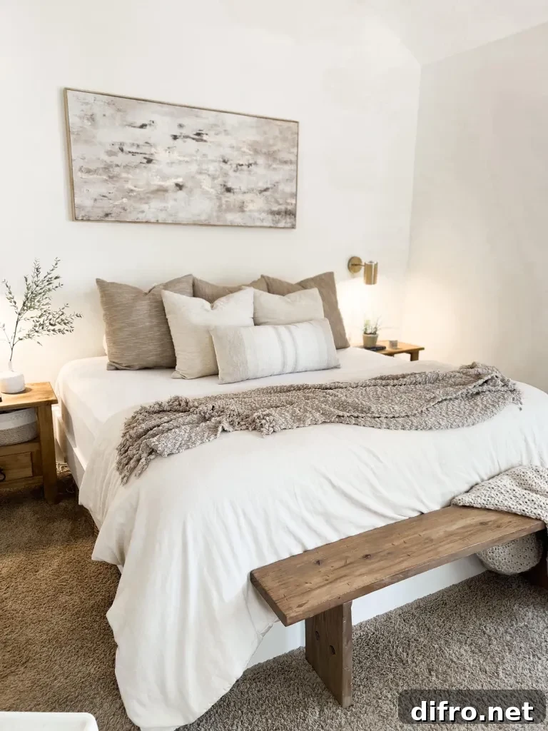 Neutral bedroom with bench and layered bedding