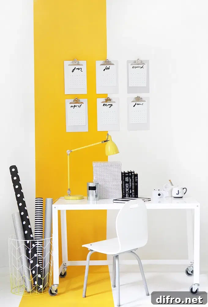 Yellow accent wall in home office