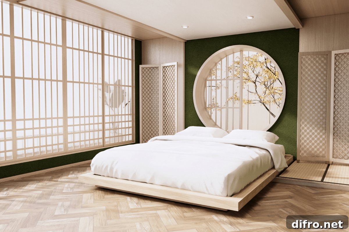 japanese bedroom with low bed large windows and green accent wall