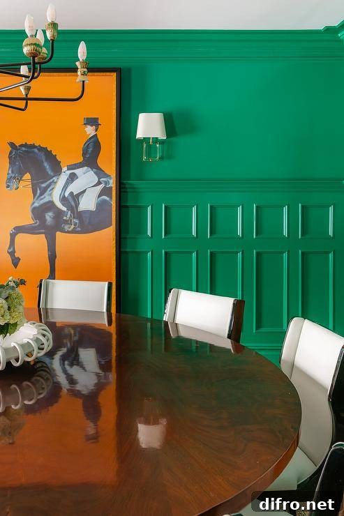 Hermes orange art hangs from a green wainscot dining room wall.