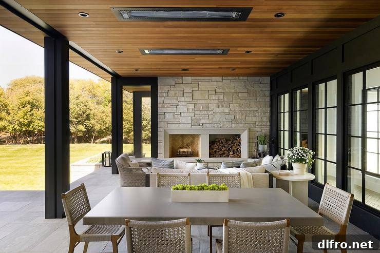 Covered patio with ceiling heaters on ceiling planks features an gray outdoor dining table with gray rope outdoor dining chairs and a sitting area with fireplace.