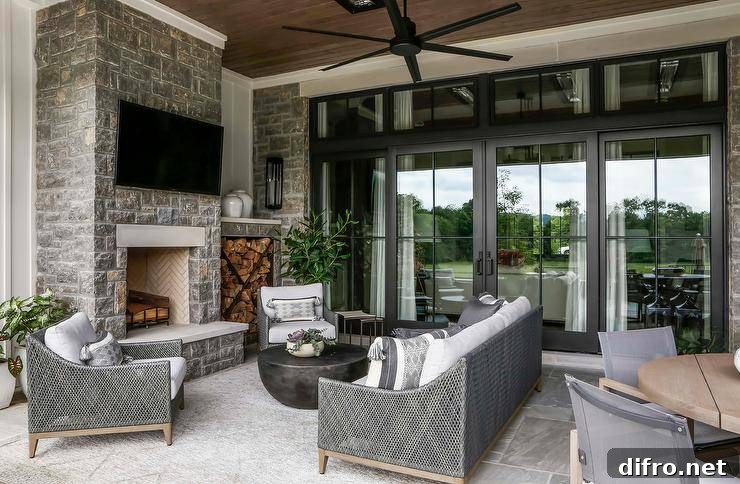A gray wicker sofa accented with gray pillows sits on a wonderfully appointed covered patio facing a round black coffee table flanked by gray wicker lounge chairs.