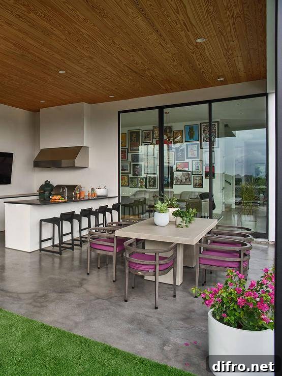 A modern covered patio boasts a polished concrete floor fixed beneath gray and fuchsia dining chairs placed surrounding a gray reeded dining table.