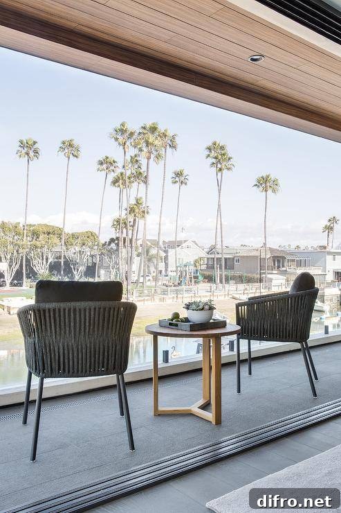 Bedroom balcony boasts modern black rope chairs and a round wooden accent table.